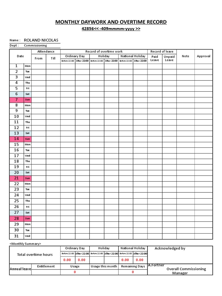Monthly Overtime and Leave Record | PDF | Overtime | Working Time
