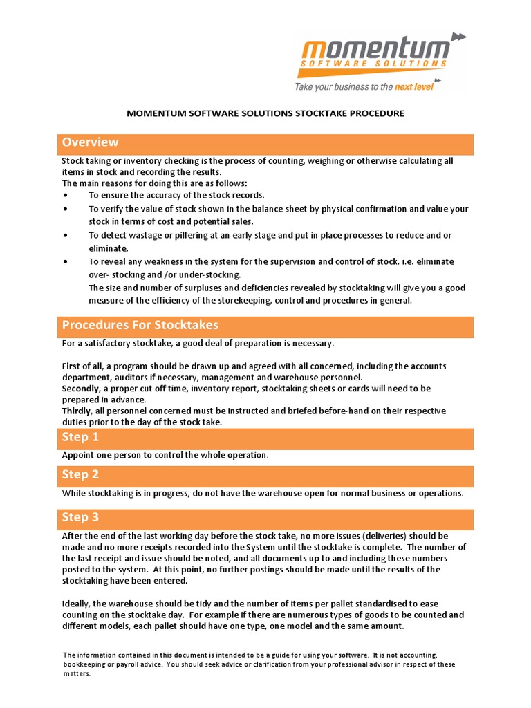 Suggested Stocktaking Procedure Overview Inventory Warehouse