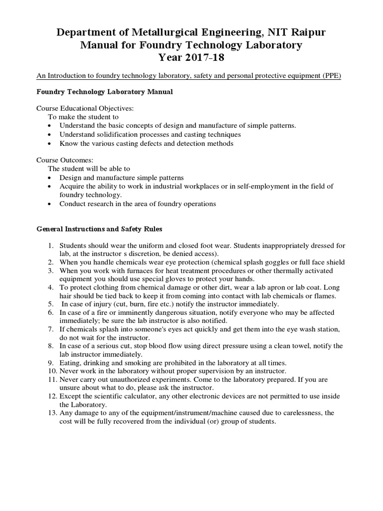 Department of Metallurgical Engineering Foundry Lab Manual | Casting  (Metalworking) | Personal Protective Equipment