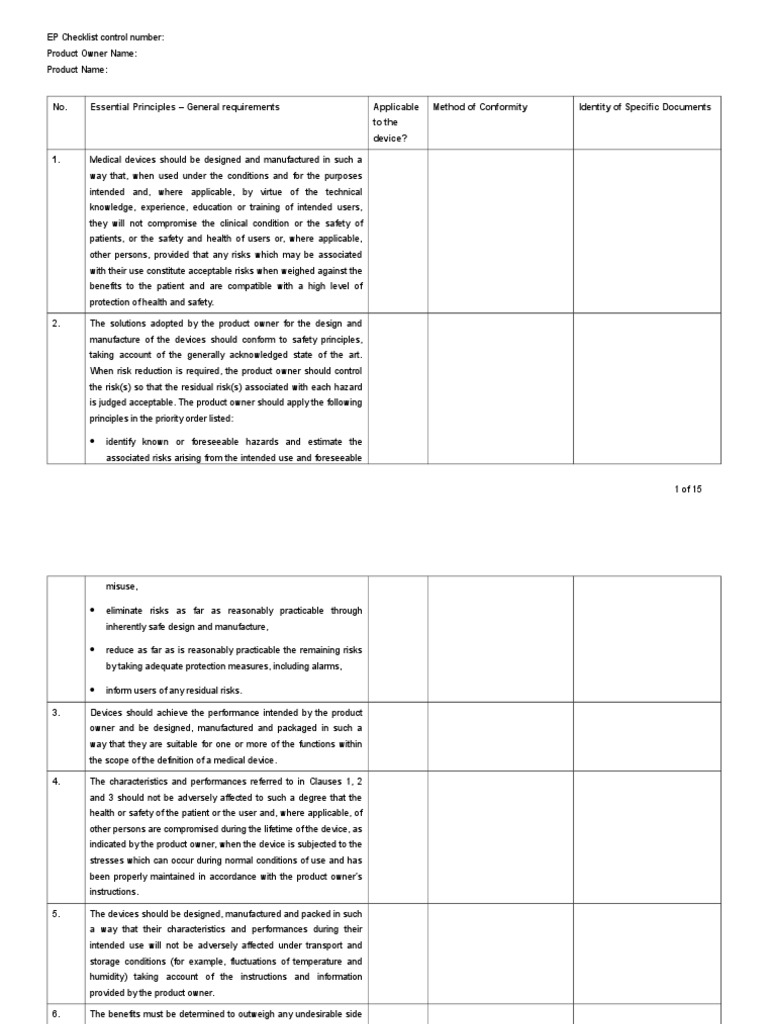 Essential Principles Conformity Checklist | PDF | Sterilization ...