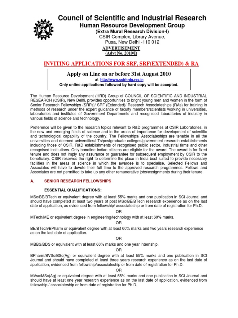 Council of Scientific and Industrial Research: Inviting Applications ...