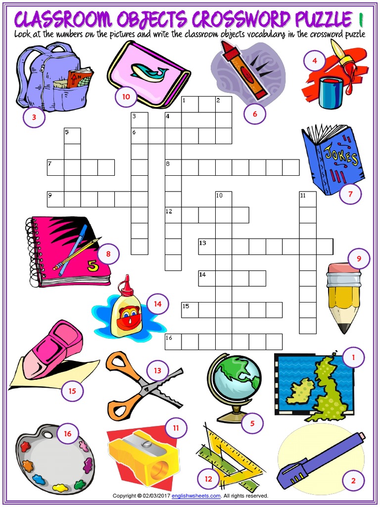Classroom Objects Vocabulary Esl Crossword Puzzle Worksheet For Kids Stationery Tools