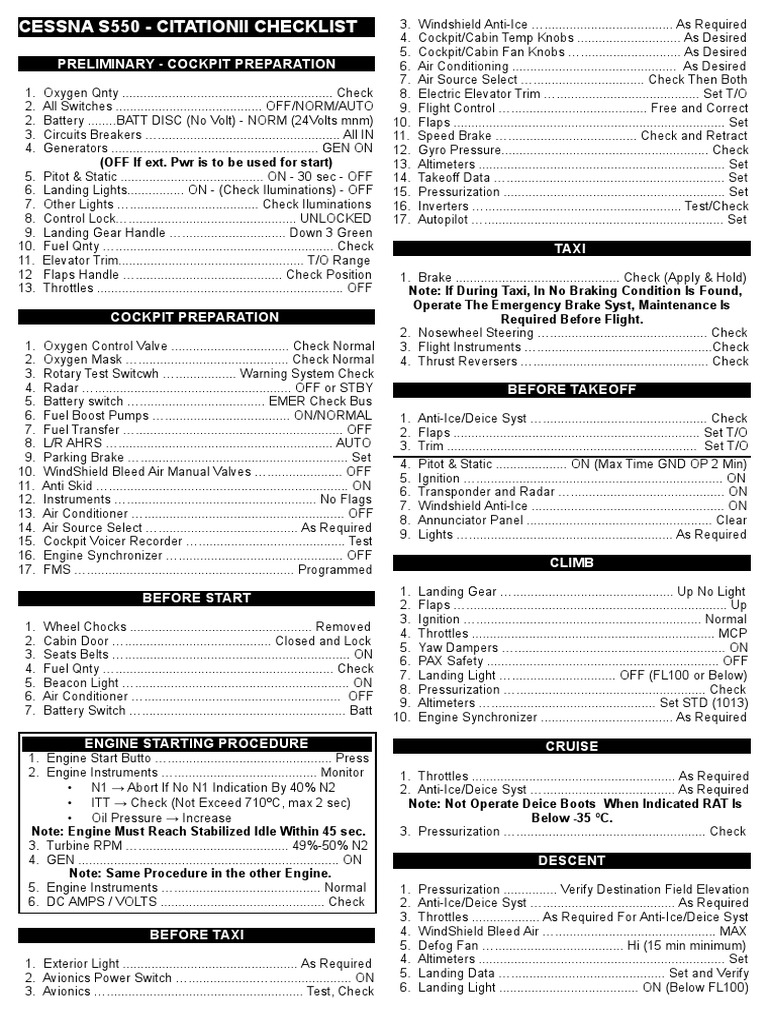 C550 Checklist Landing Gear Cockpit