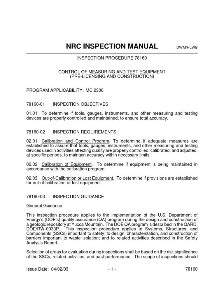 NRC Inspection Manual: DWM/HLWB | PDF | Yucca Mountain Nuclear Waste ...