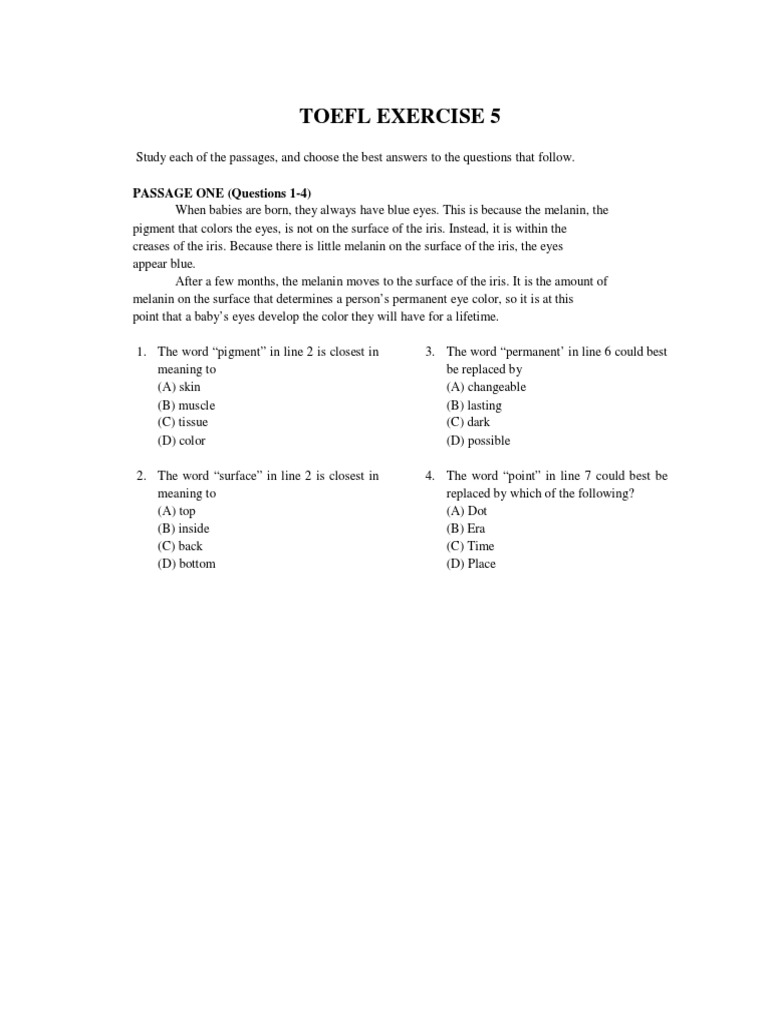 Jawaban Toefl Exercise 5 Reading Guru Paud