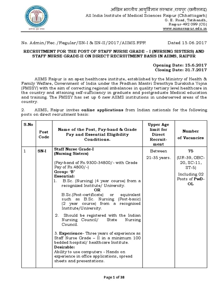 Notification AIIMS Raipur Staff Nurse Posts | PDF | Banking | Business