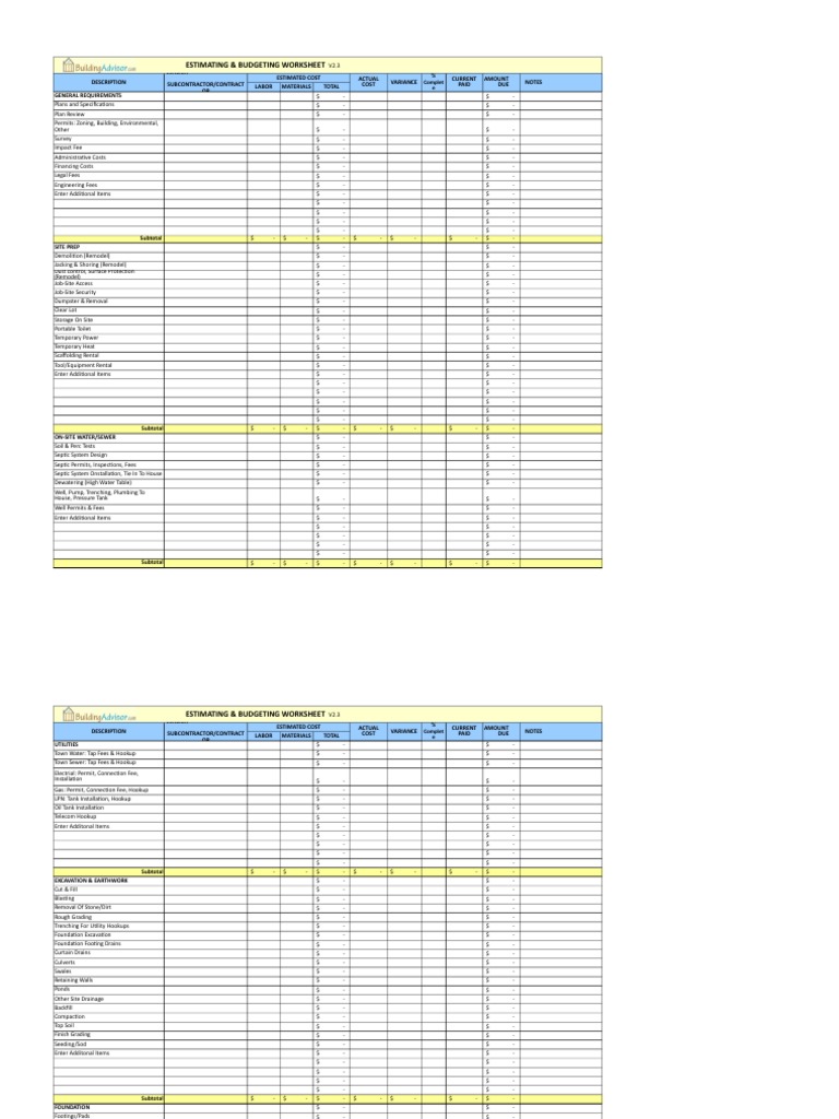 BA Estimating Worksheet 2016 2.3 | PDF