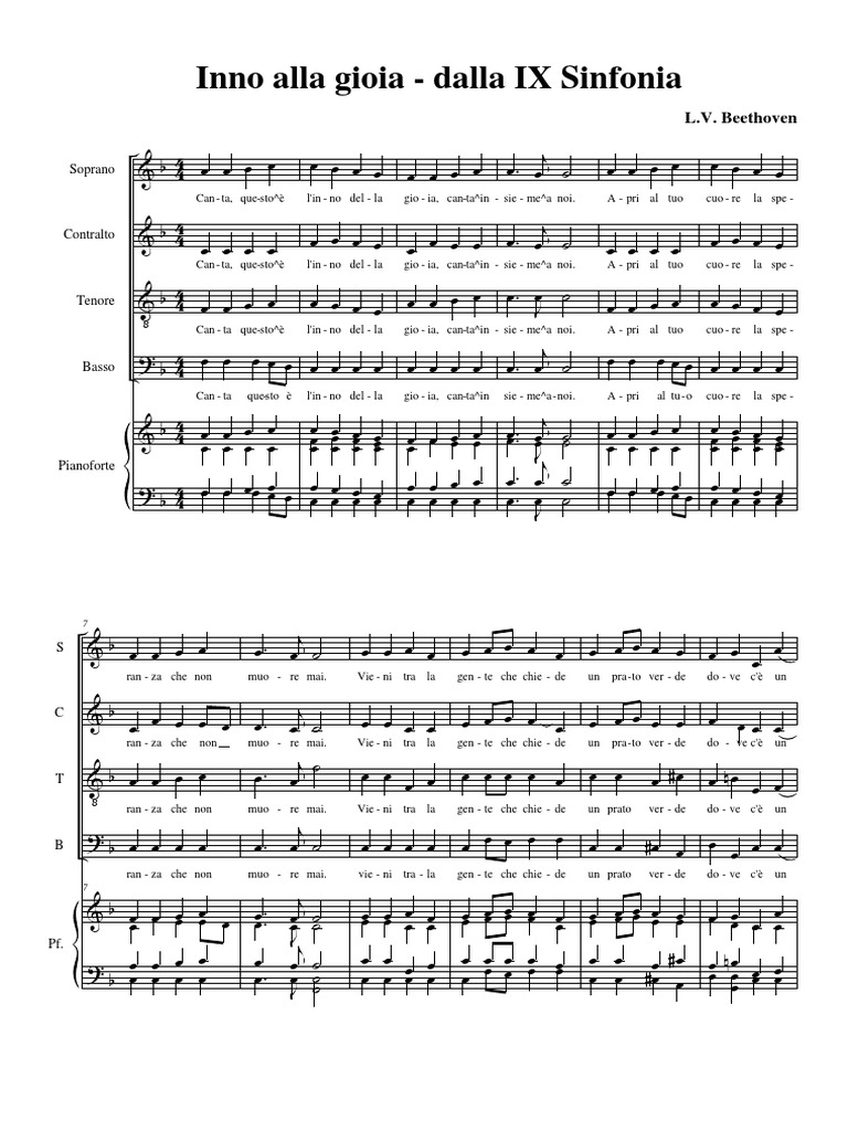Testo Italiano Inno Alla Gioia INNO ALLA GIOIA Coro e Pianoforte | Symphonie nº 9 (Beethoven