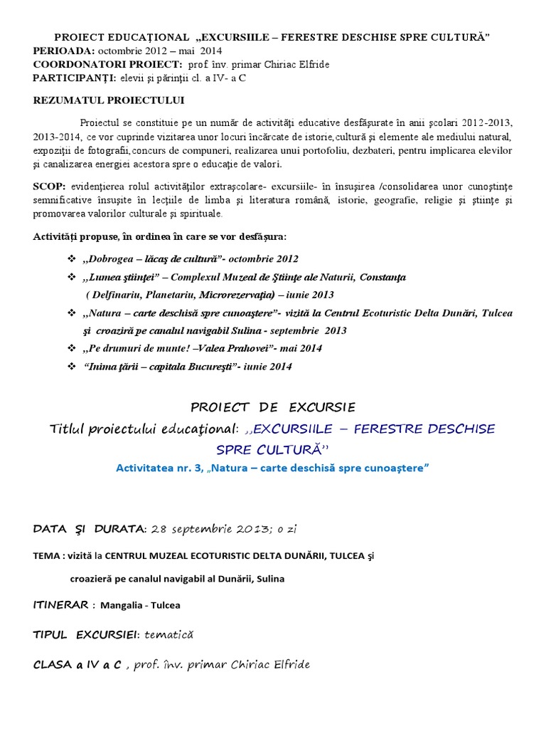 Proiect Educaţional Excursiile Ferestre Deschise Spre Cultură | PDF