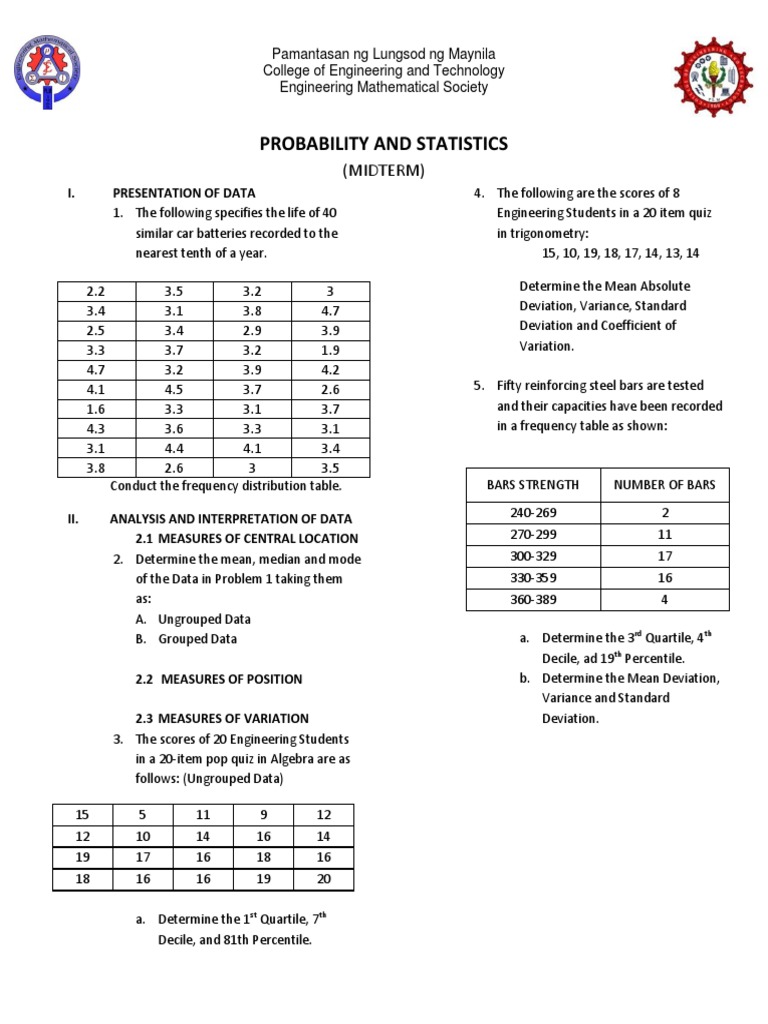 Probability and Statistics Midterm Guide | PDF | Median | Skewness