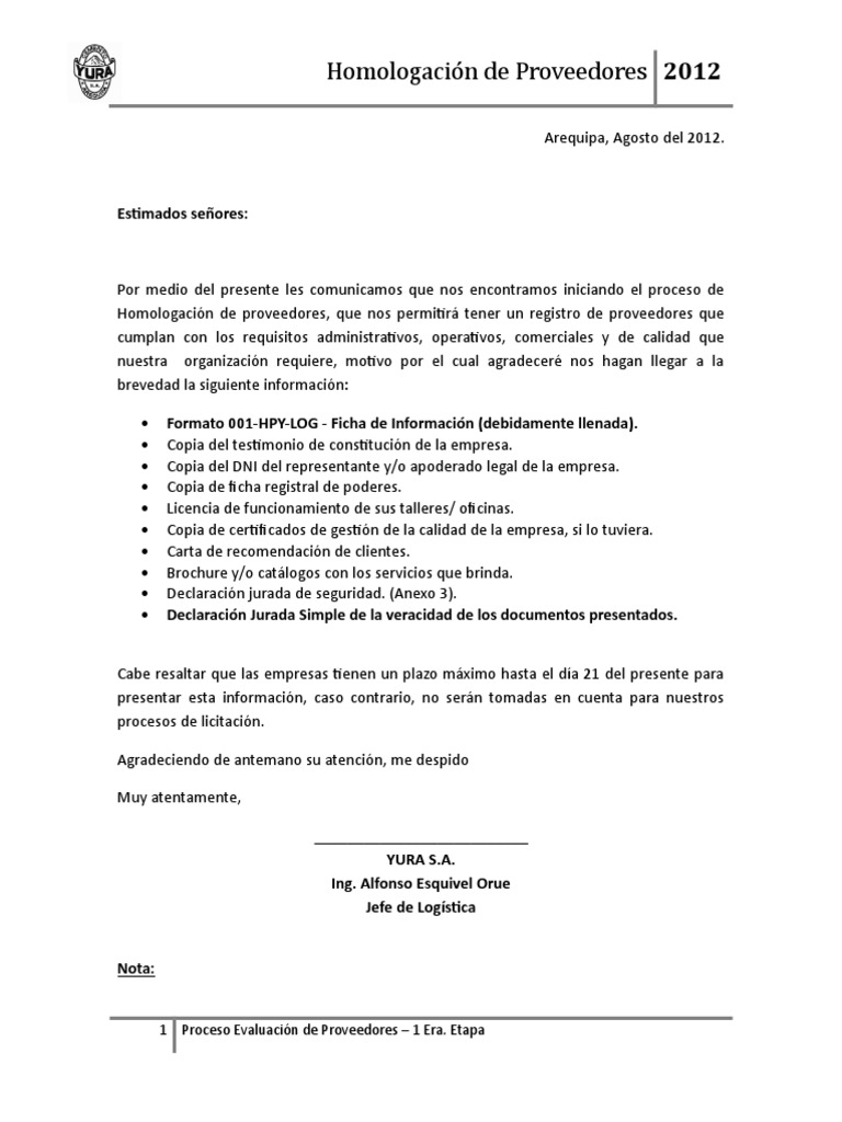 Carta Homologación de Proveedores Calidad (comercial) Tecnología