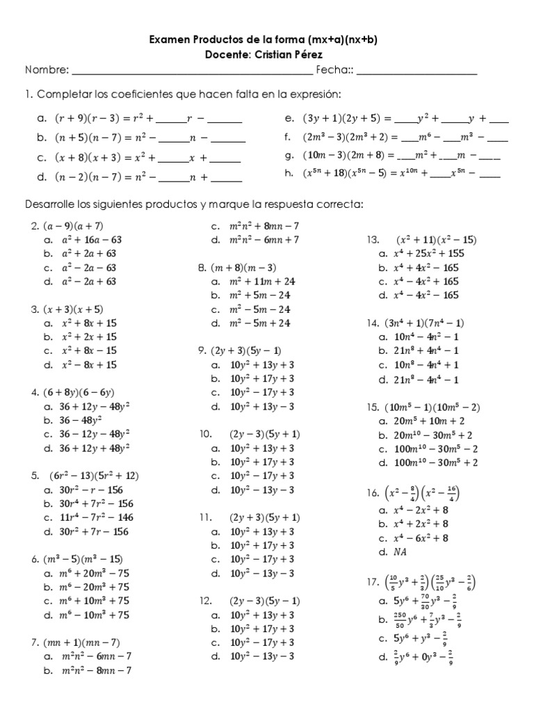 Examen De Productos De La Forma Mx A Nx B Grado 8º