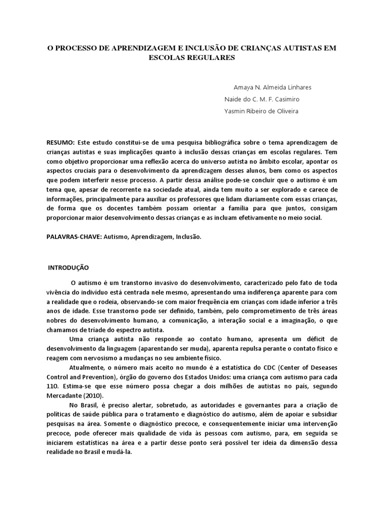 Aprendizagem de autistas - artigo.docx | Autismo | Espectro do Autismo