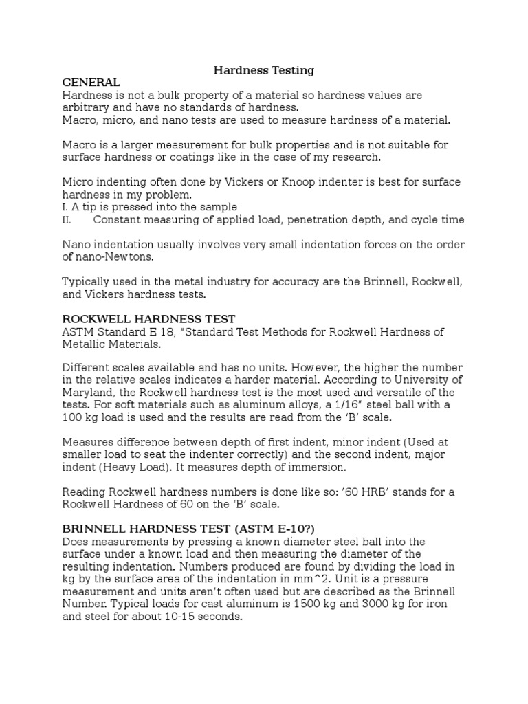 Hardness Testing Notes PDF Hardness Materials