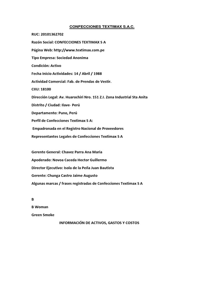 Confecciones Textimax S | PDF