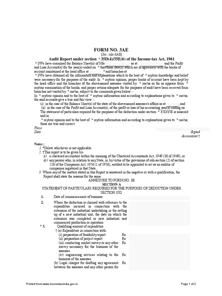 Form No. 3ae: Audit Report Under Section 35D (4) /35E (6) of The Income ...