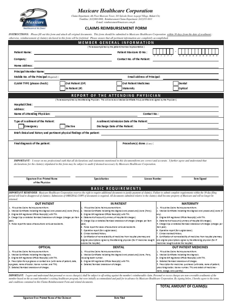 Maxicare Reimbursement Claim Form PDF PDF Medical Prescription