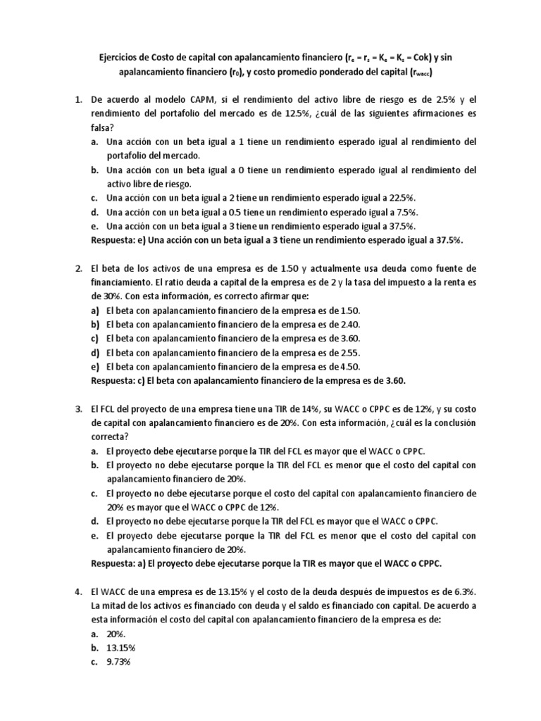 Ejercicios Costo de Capital y Apalancamiento Financiero | PDF ...