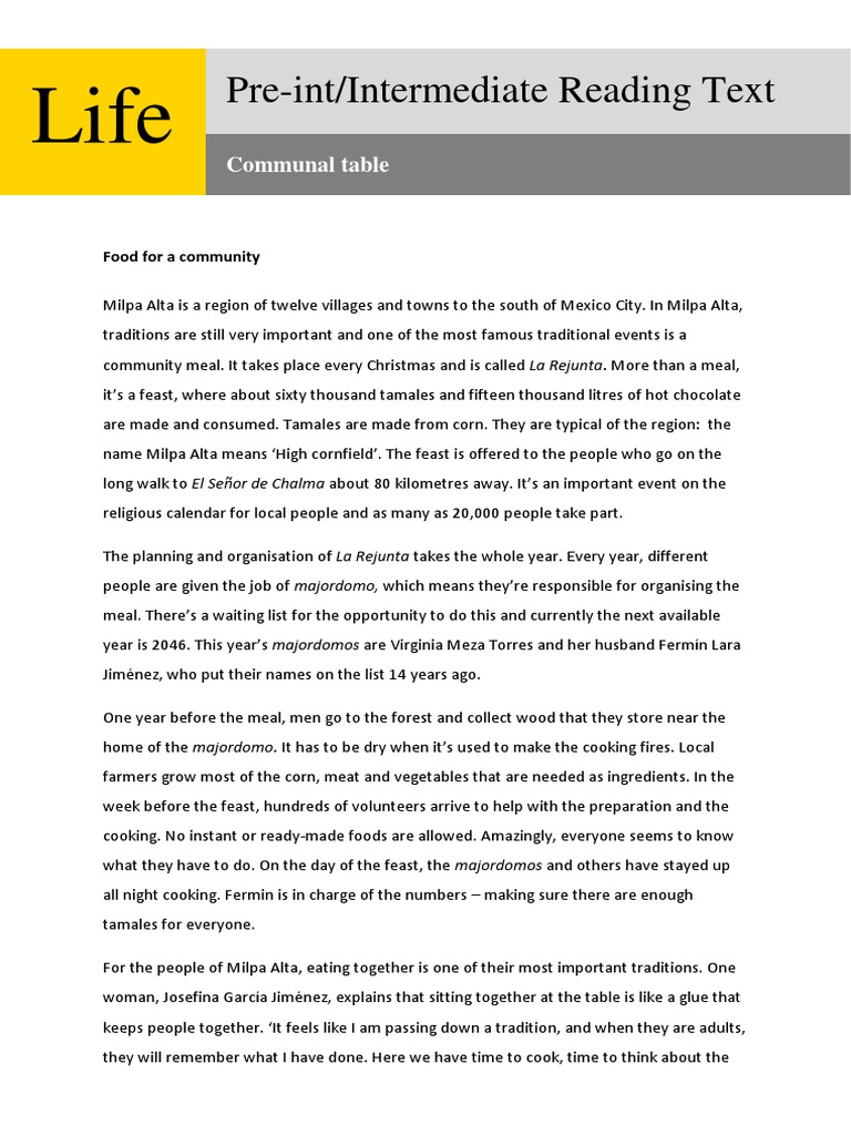 PreInt Intermediate ReadingText | PDF | Meal | Maize