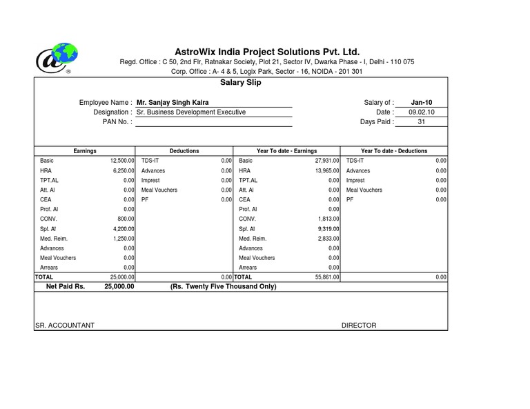 Pay Slip Sanjay Singh Kaira Jan 10 Employment Compensation Business