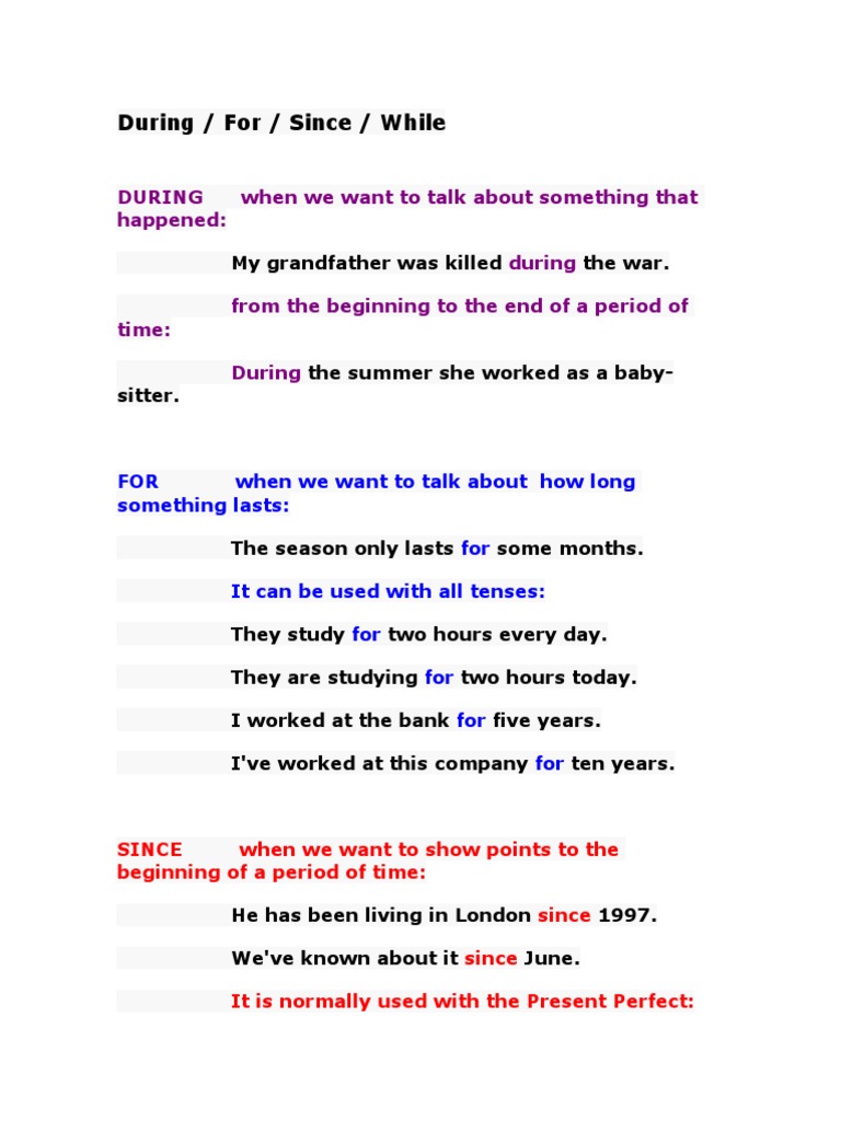 Understanding Time Expressions: Since, For, During, While | PDF