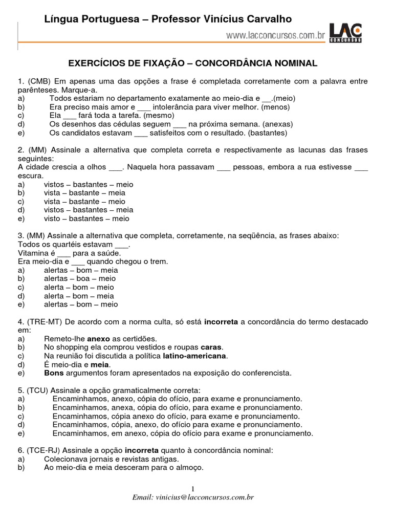 Exercícios de Concordância Nominal | PDF | Idiomas