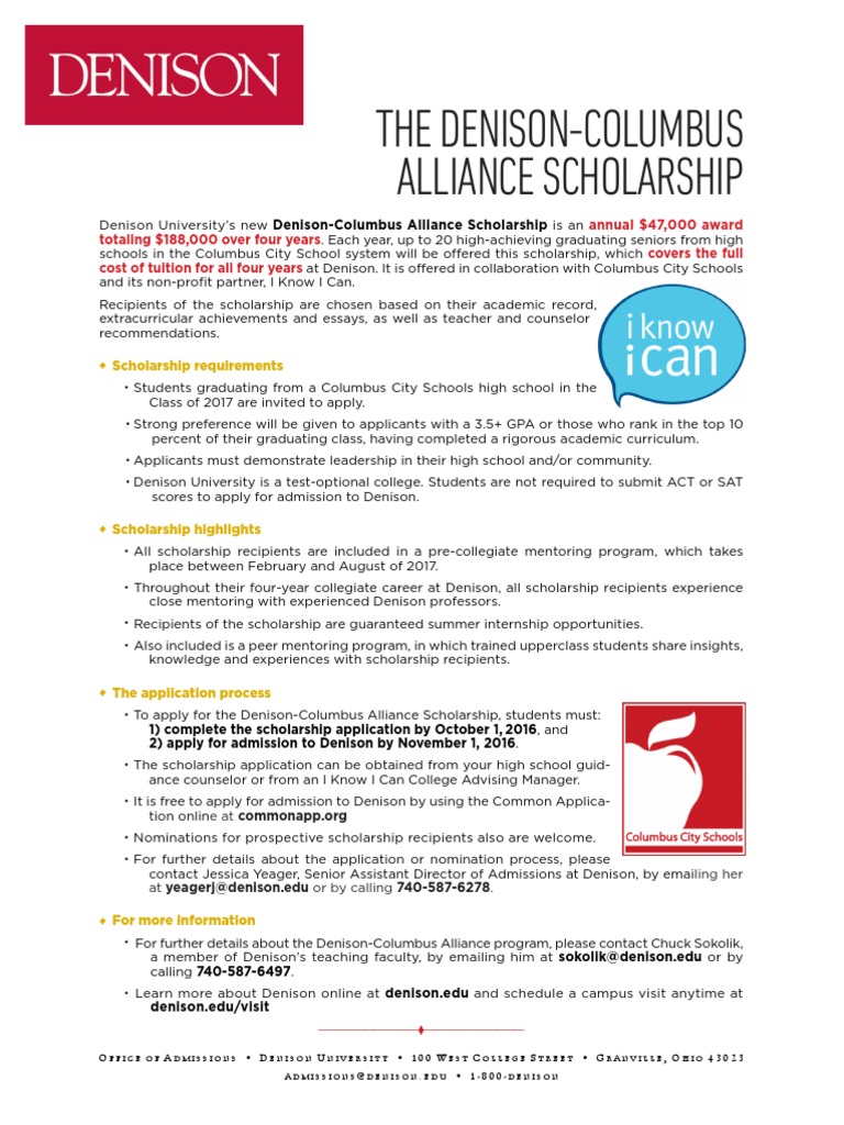 DenisonColumbus Alliance Scholarship PDF University And College