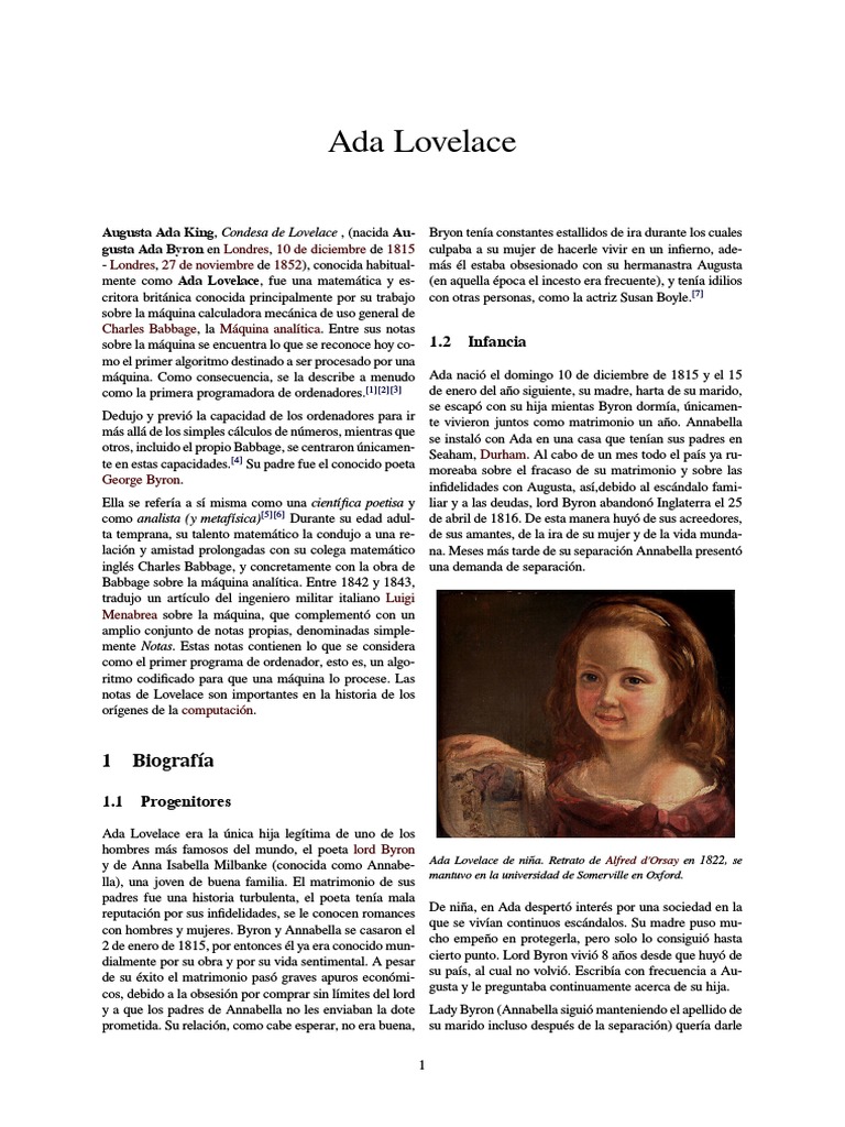 Biografía resumida de Ada Lovelace | PDF | Software | Informática y ...