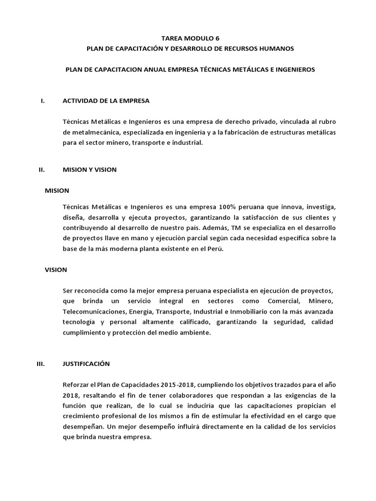 Plan de Capacitación Anual 2018 | PDF | Recursos humanos | Planificación