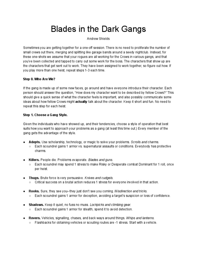 Blades in Dark Gangs Download Free PDF Leisure