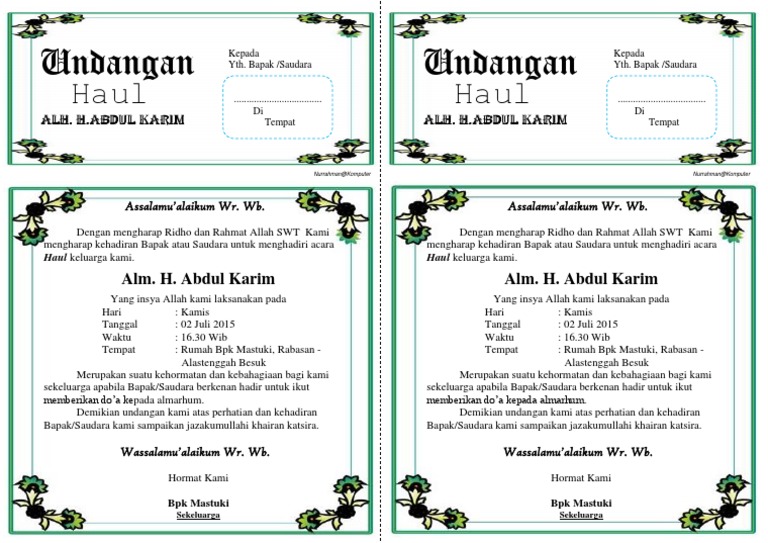 Doc Contoh Surat Undangan Tahlil 40 100 1000 Hari Haul Doc
