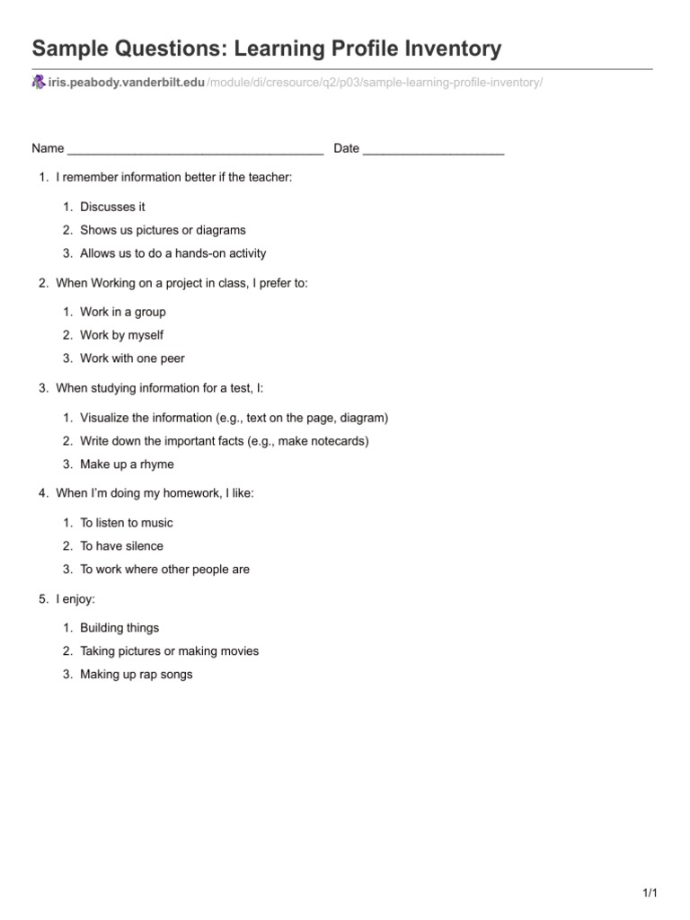 Learning Profile Inventory Questions | PDF