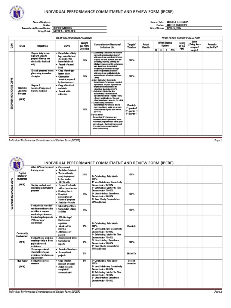 New IPCRF For Teacher I III | Download Free PDF | Lesson Plan | Teachers