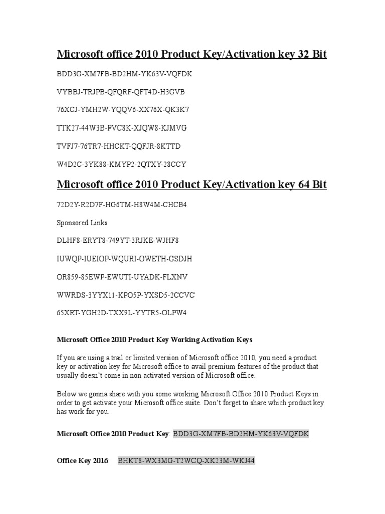 Microsoft Office 2010 Product Key | Pdf