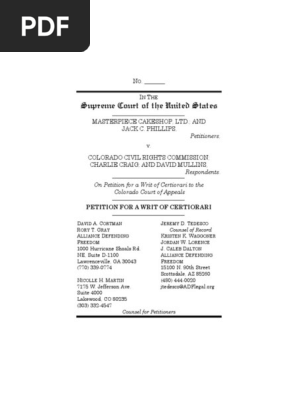 Masterpiece Cakeshop Petition To The U.S. Supreme Court | PDF | First  Amendment To The United States Constitution | Free Exercise Clause