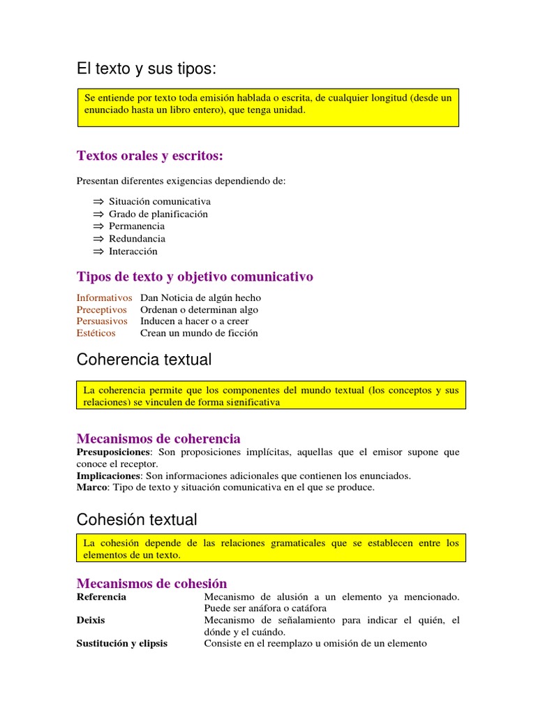 Tipos de textos, mecanismos de cohesión y coherencia textual, y ...
