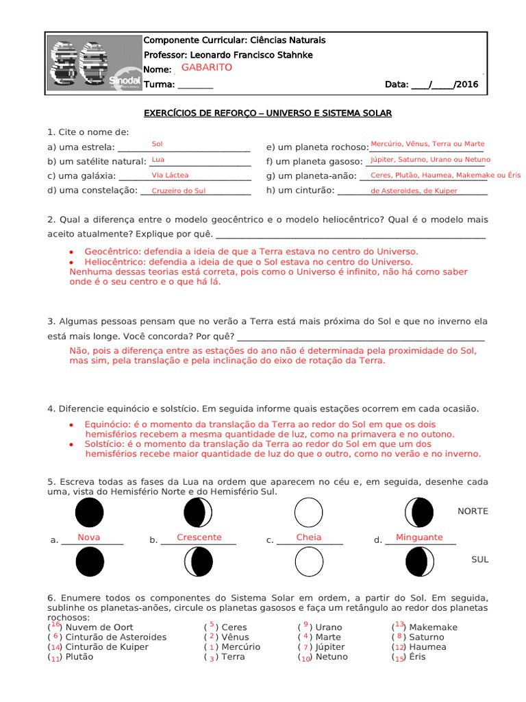 Exercícios sobre Sistema Solar - 6º Ano | PDF | Planetas | Sistema Solar