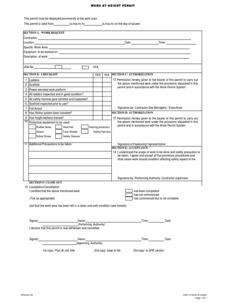 Work at Height Permit Template | PDF | Safety | Business