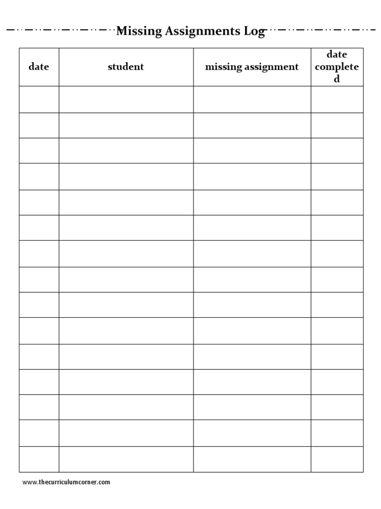 Missing assignments log date student missing assignment date complete
