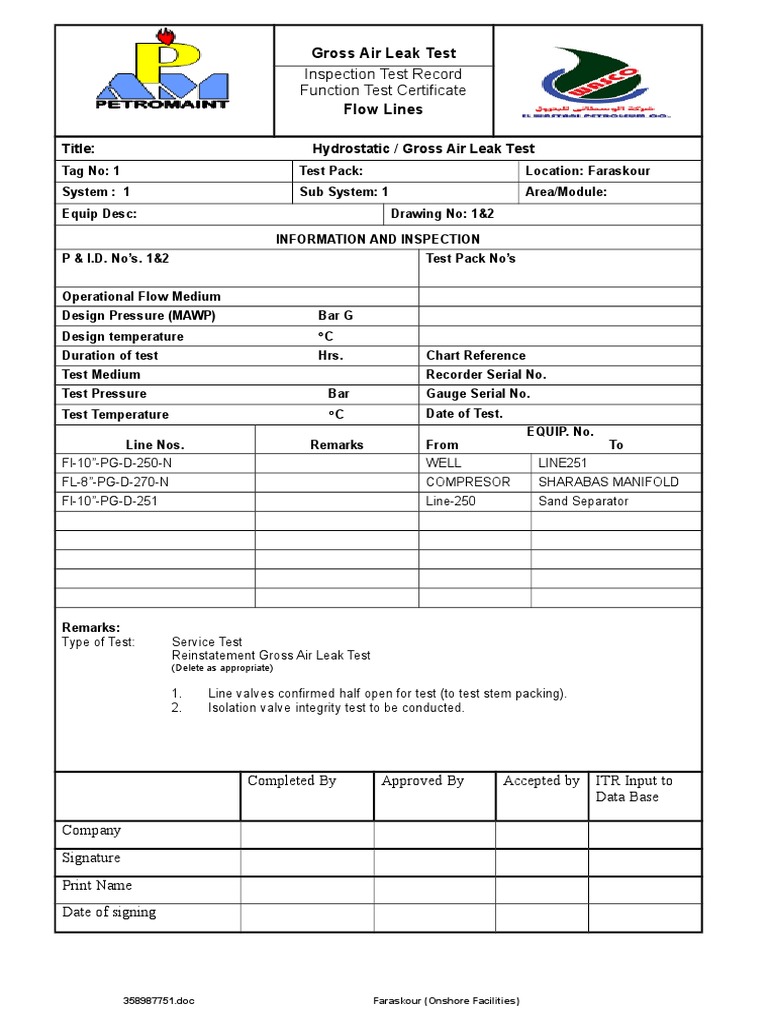 Lines Piping Gross Air Leak Test Leak Building Engineering