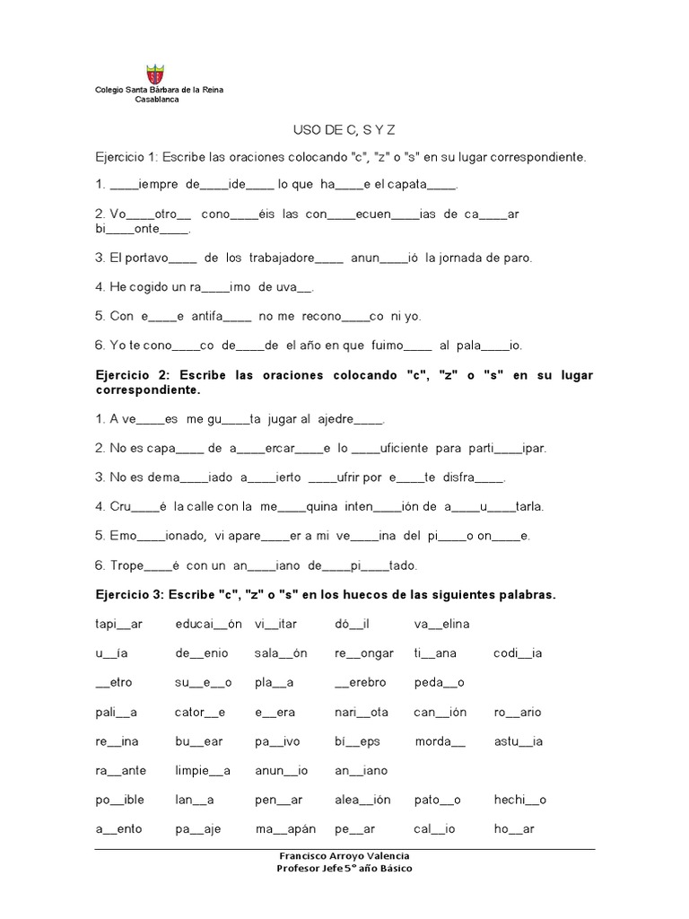 Ejercicios de uso de C, S y Z para niños | PDF | Artes del Lenguaje y ...