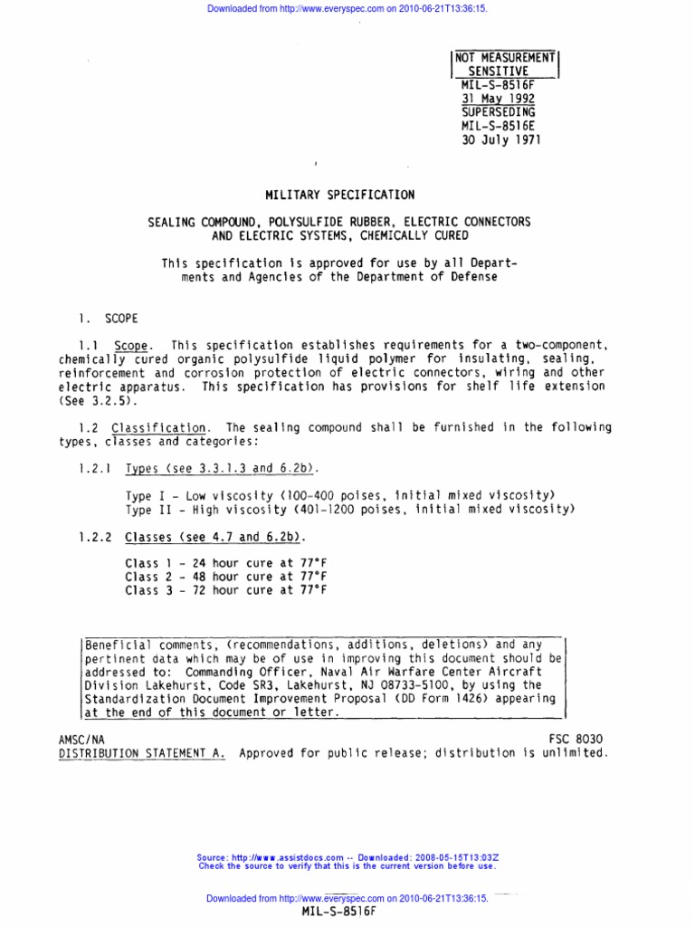 MIL-S-8516F: Polysulfide Sealing Compound | PDF | Electrical Connector ...