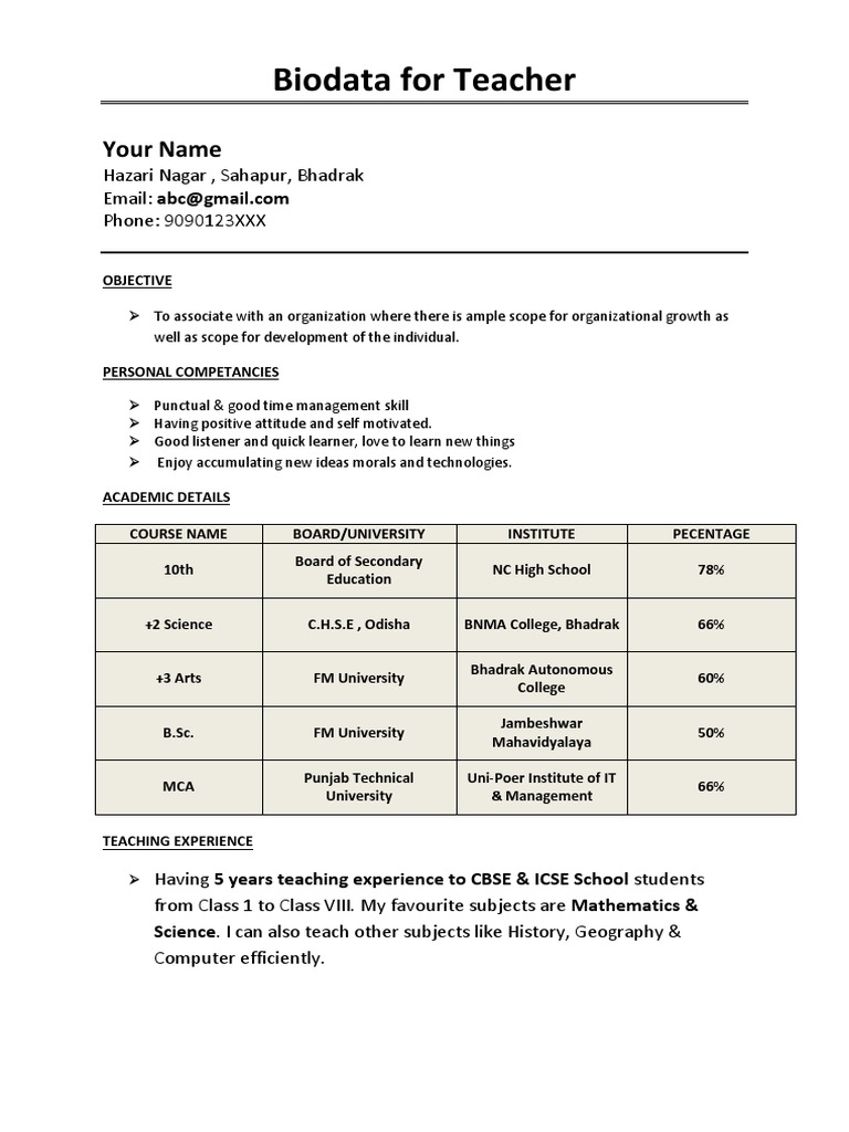 Biodata For Teacher Pdf Teachers Behavior Modification