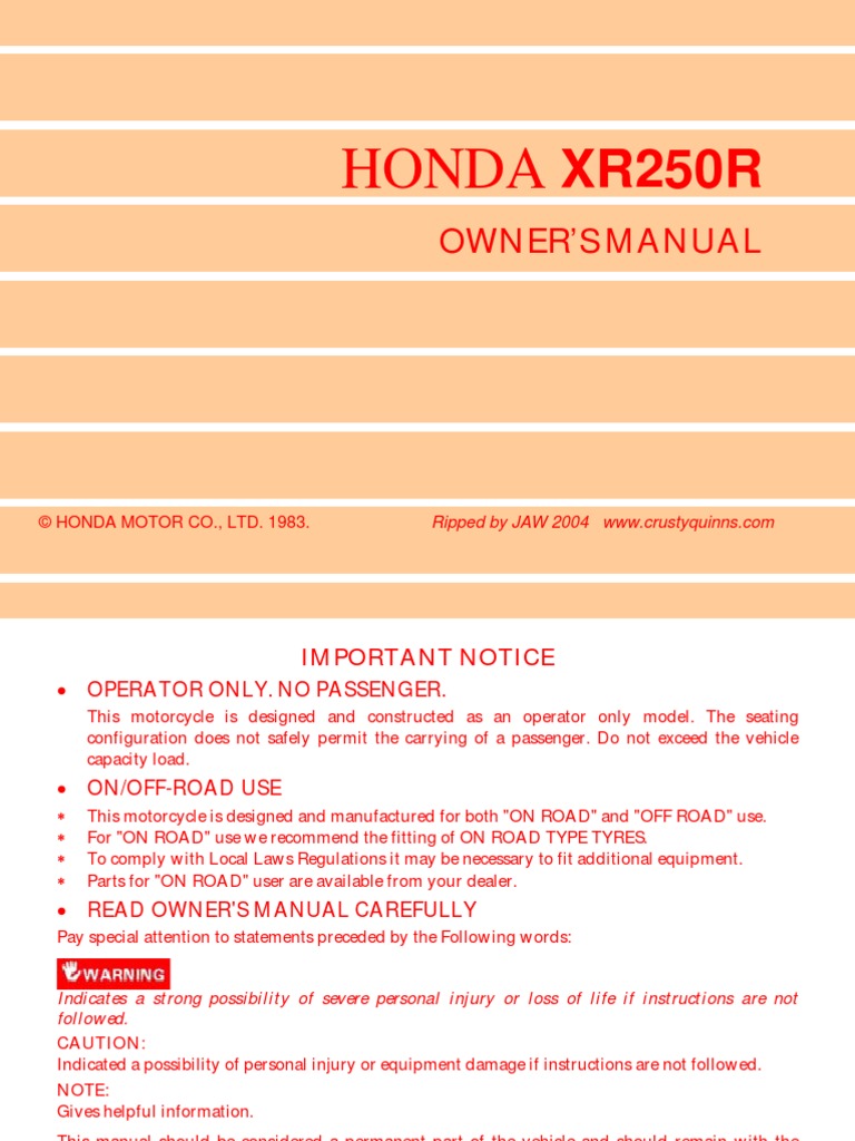 Honda XR250R (1983) - Owners Manual.pdf | Tire | Clutch