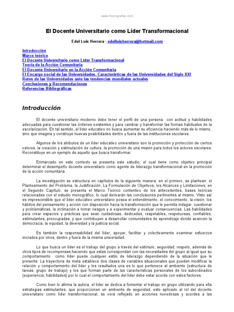 Docente Universitario como Líder Transformacional | PDF | Liderazgo ...