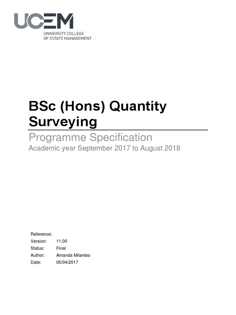 UCEM BSc Quantity Surveying Programme Specification 2017 18 v11.00