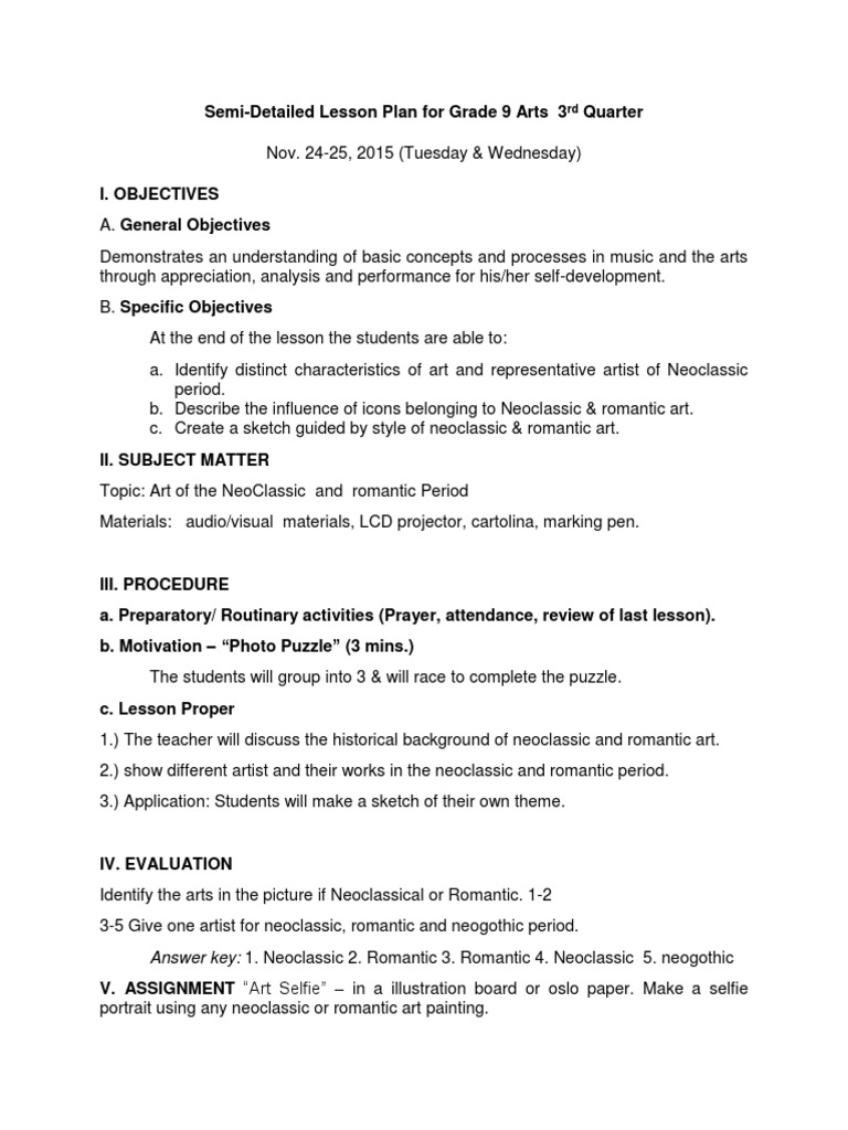 Semi Detailed Lesson Plan In Arts Grade 9 Week 1 Riset