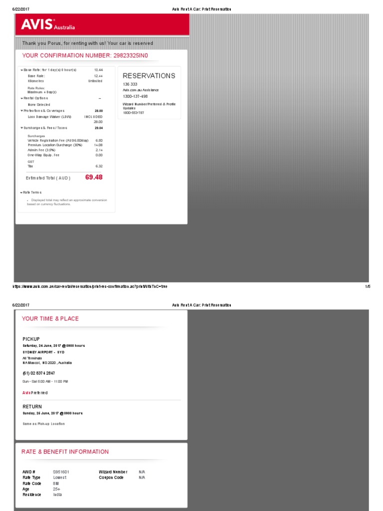 Avis Rent A Car Print Reservation PDF Debit Card Stored Value Card