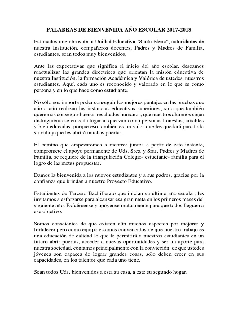 Palabras de Bienvenida Año Escolar 2017