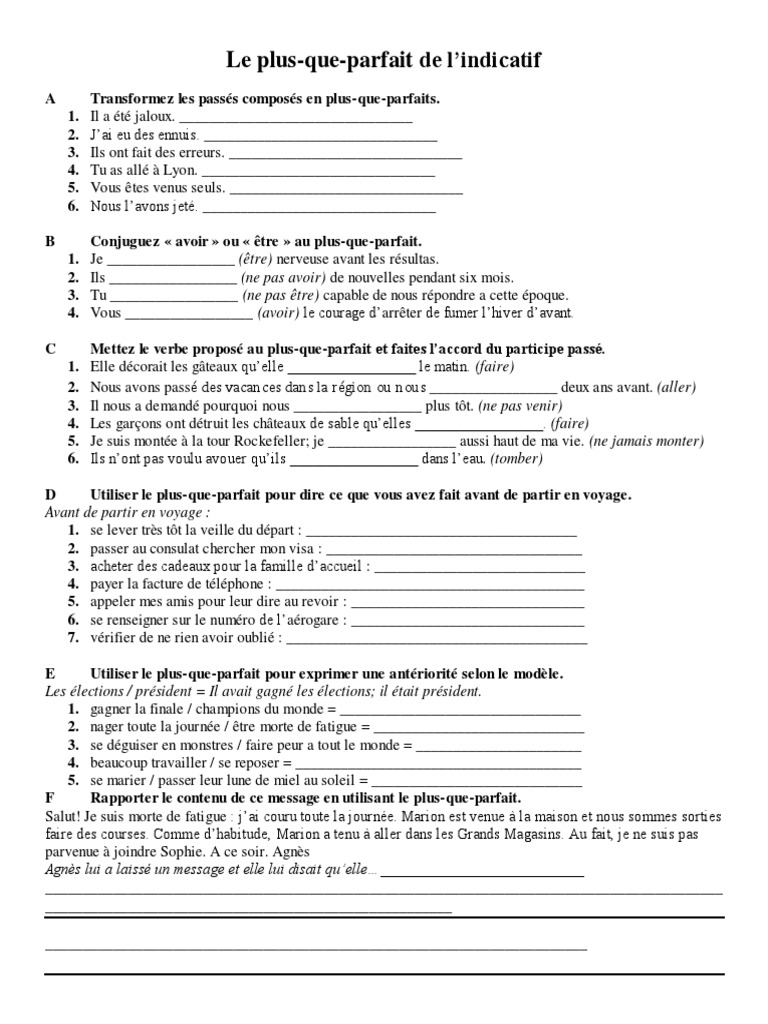 Plus Que Parfait Exercices à Imprimer Plus Que Parfait Exercices | PDF | Loisirs